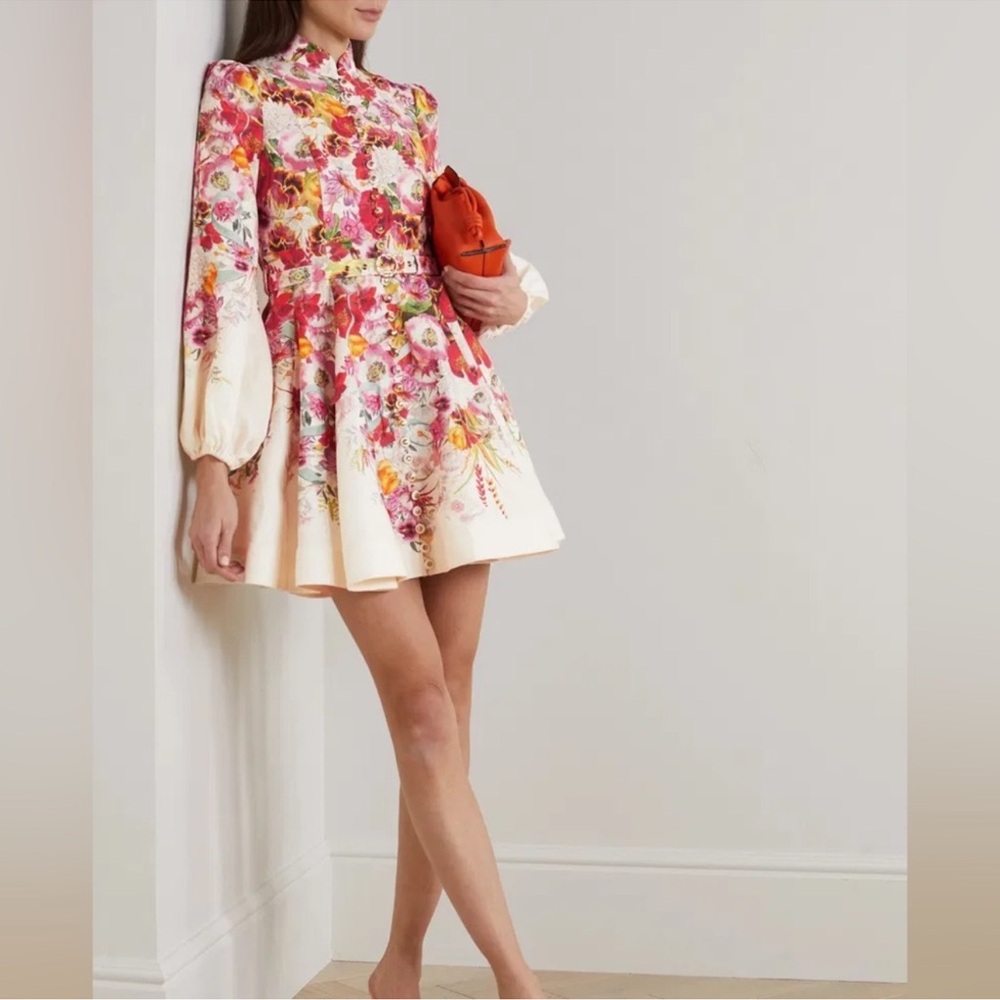Zimmermann Wonderland Belted Linen Minidress- Elka Poppy Ivory Border
